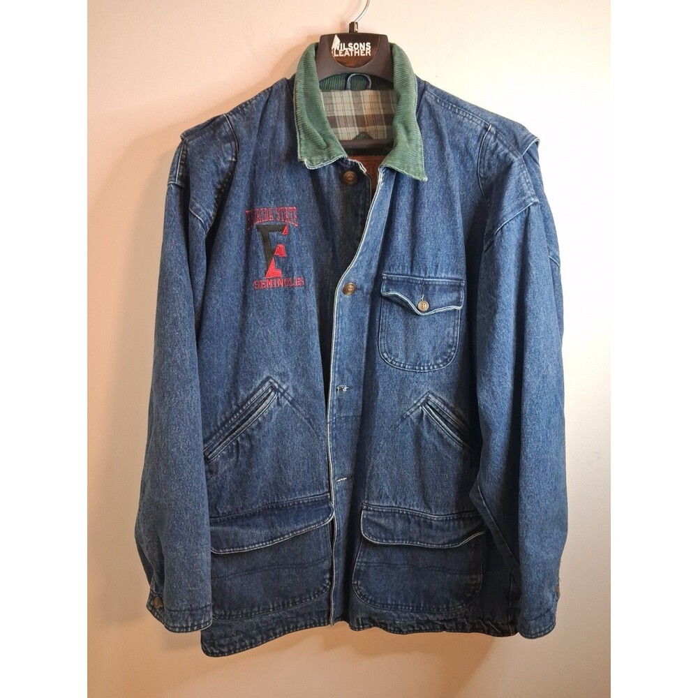 FSU Denim Jean Jacket Mens XL Blue Flannel Plaid Barn Chore Coat Vtg MV Sport